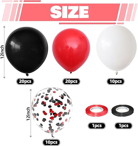 Miniatura 2 de Globos de confeti negro y rojo, 60 paquetes de globos de fiesta negros y rojos de 12 pulgadas con cintas para hombres y mujeres, cumpleaños, bodas,