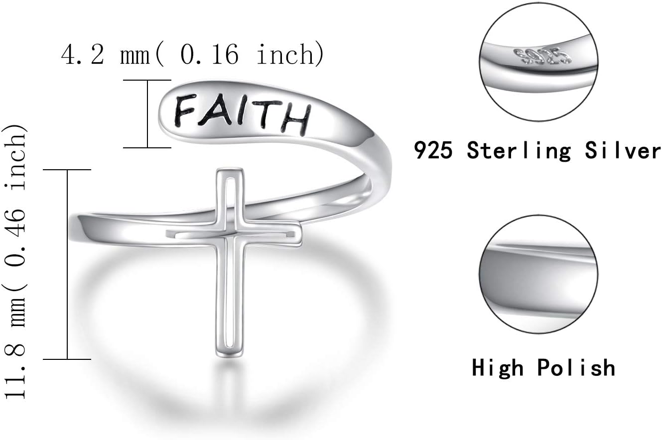APOTIE Faith Cross Ring for Women - Sterling Silver Christian Bless Adjustable Rings Jewelry Gift for Women