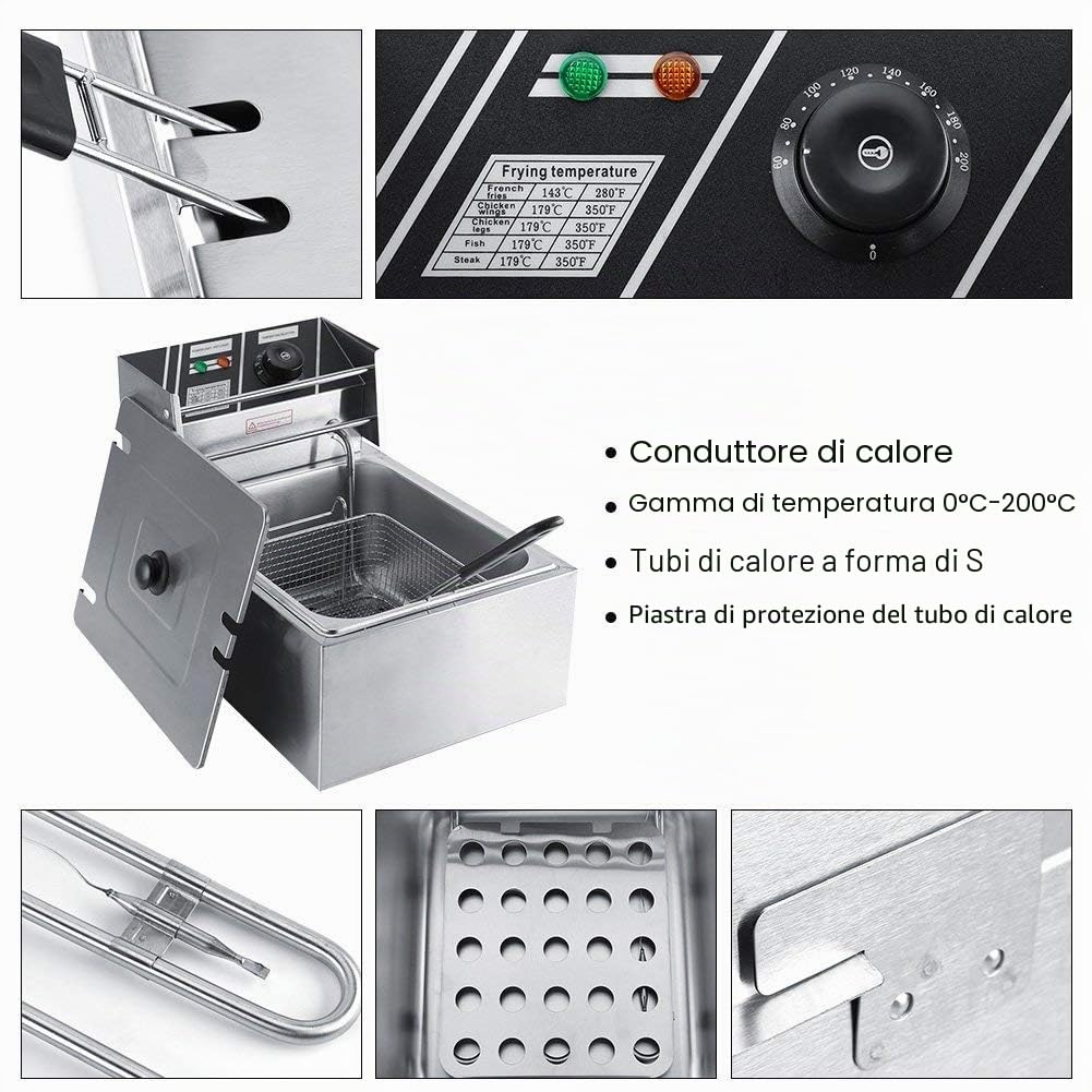 friggitrice elettrica Professionale in Acciaio Inox da 6 Litri con Cestino per Uso Commerciale E Domestico, Friggitrice Patatine Fritte Friggitrice Per Cucinare, 2.5KW