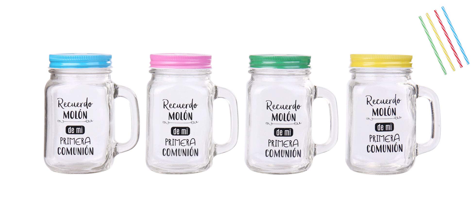 Lote de 20 Jarras Cristal Con Caña "RECUERDO MOLÓN" SURTIDO EN COLORES - Jarras con Frases, tazas originales para Detalles, recuerdos y regalos de Comuniones