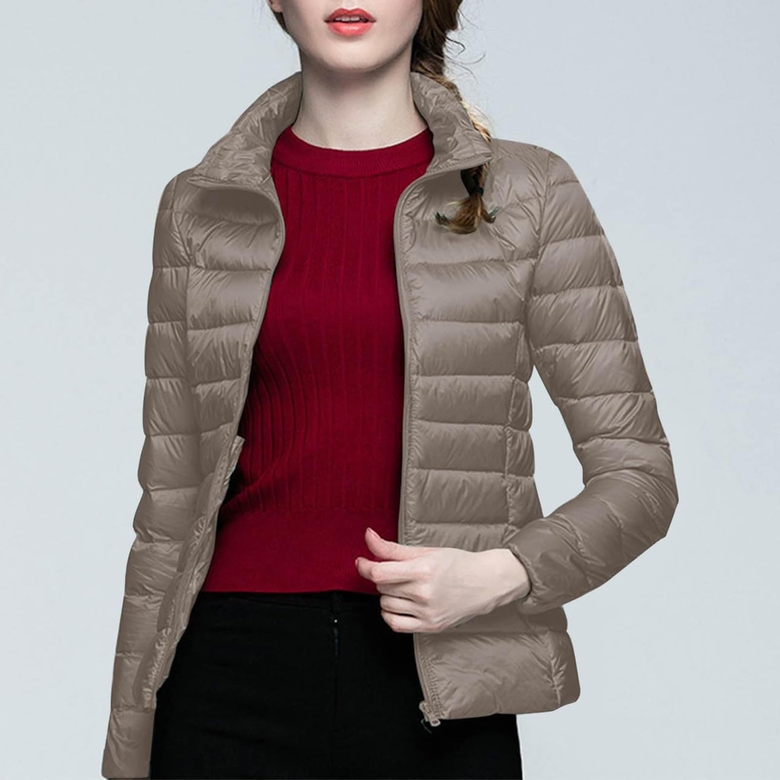 Chaqueta De Plumas para Mujer Manga Larga Color Liso Sin Capucha - Ropa Mujer Invierno Incluye Bolsa De Almacenamiento Cremallera Funcional Elegante Único Chaquetas Suave Casual Plumiferos