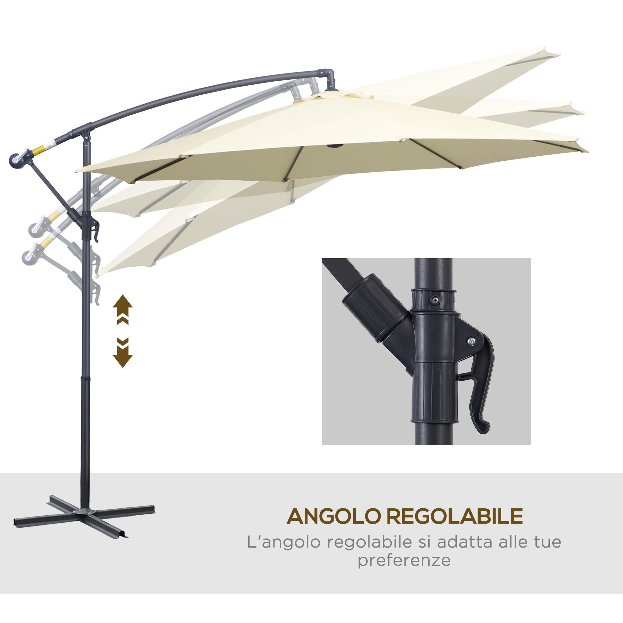 Outsunny Ombrellone da Giardino Ø3x2.5 m Inclinabile, Ombrellone Decentrato con Base a Croce e Manovella, in Metallo e Poliestere a Stecche, per Esterno Balcone Resistente ai Raggi UV, Beige
