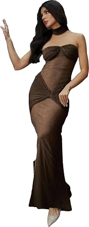 LOUSEA Womens Bodycon mesh Sheer drerss Strapless Maxi Dress with Neckerchief Twisted sweetneck Cocktail Dress Party Dress
