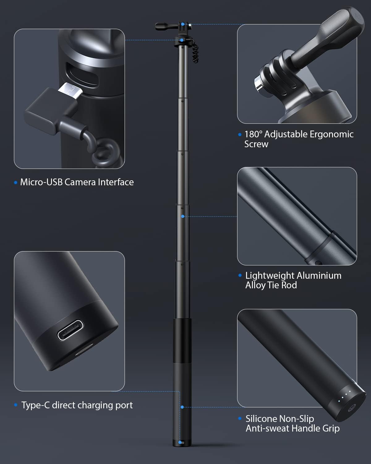 WOLFANG GB2200 Akumulatorowy Selfie Stick 2600 mAh Czarny Obrotowy 24-60 CM Interfejs Typu C