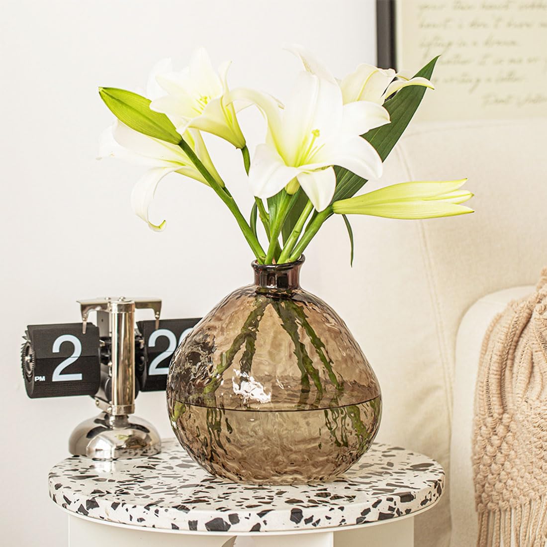 Jarrón de cristal ámbar hecho a mano para decoración del hogar Wabi Sabi, jarrón grande texturizado para sala de estar y decoración de mesa de entrada