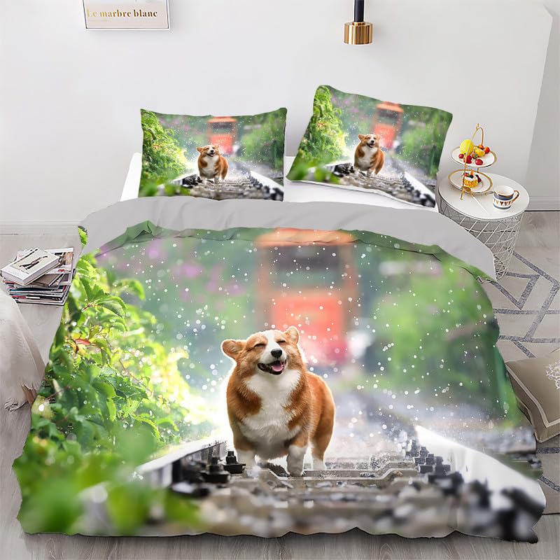 Housse de couette corgi vert 220x240 cm en tissu microfibre premium de 110g/㎡