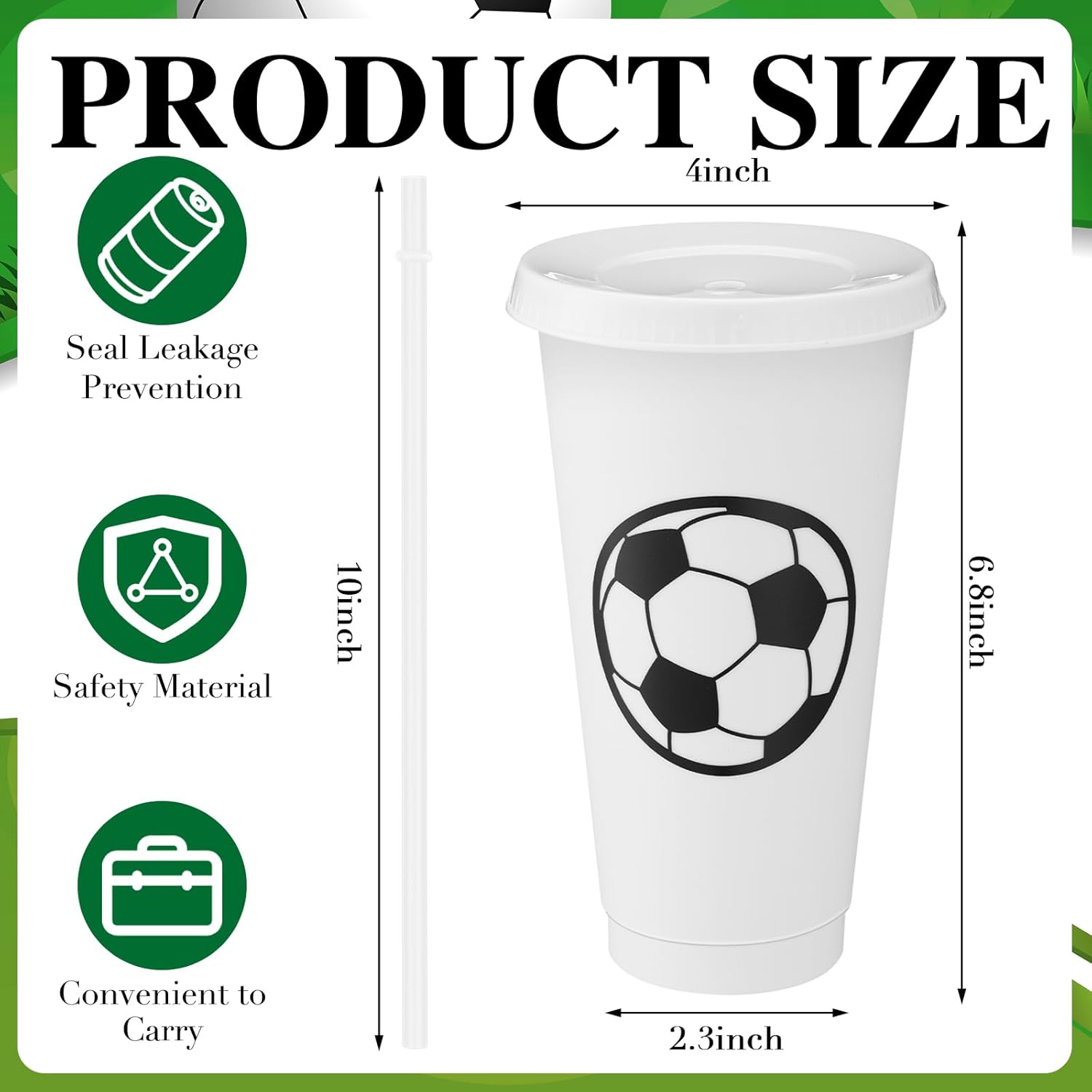 Domensi 12 Pcs Sport Soccer Plastic Cups with Lid and Straw 24 oz Reusable Plastic Cups Coffee Tumblers Gift for Fan Friend Guest Birthday Office Sport Party Supplies (White)