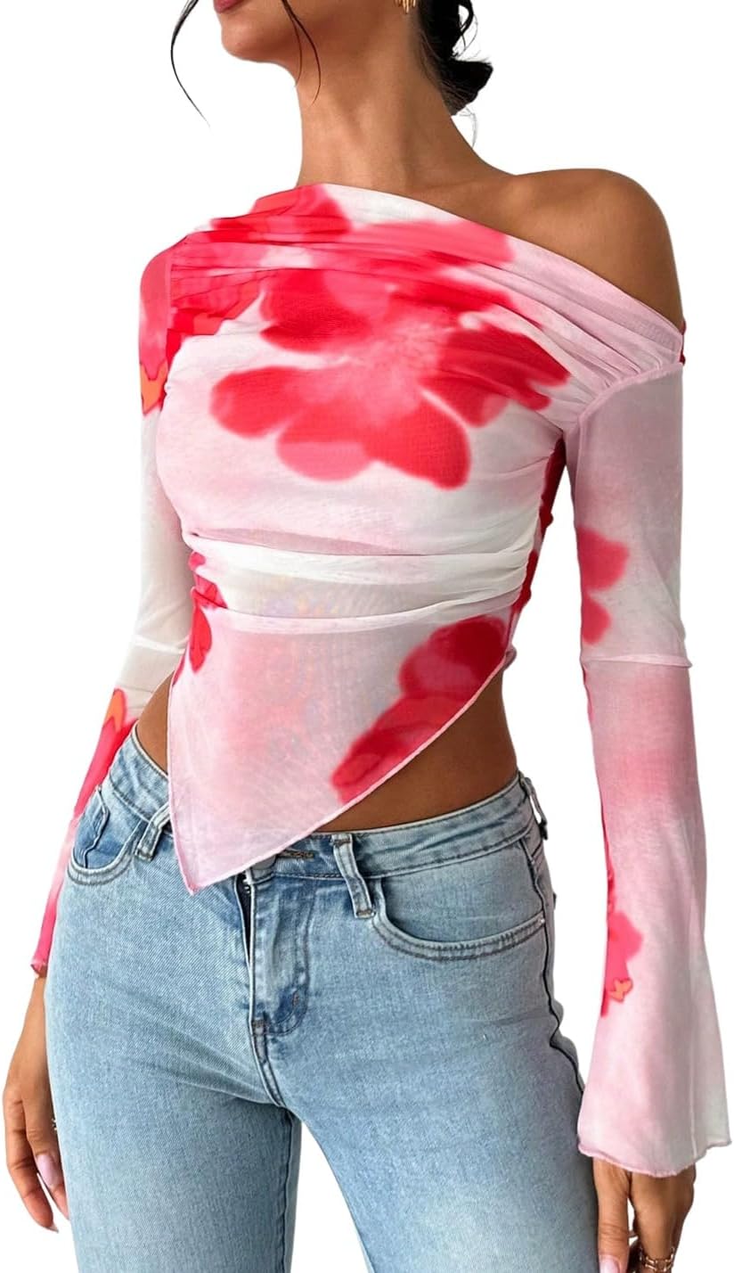 WDIRARA Women's Y2k Floral Print One Shoulder Long Sleeve Mesh Top Asymmetrical Hem Shirt