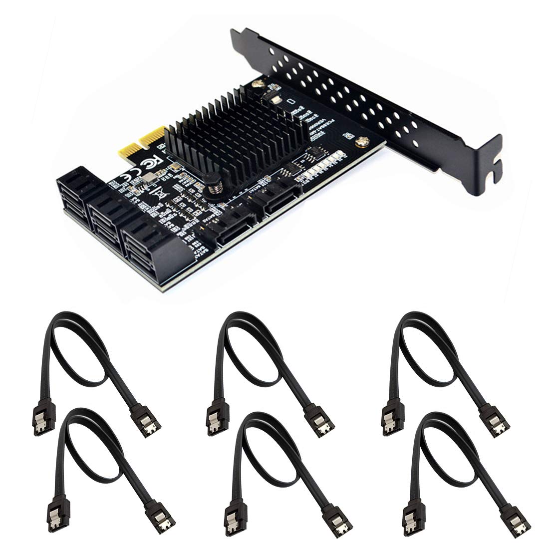 JMT Adaptateur convertisseur de Carte d'extension 8 Ports SATA 3.0 vers PCIe avec 6 Cables SATA ¨¤ Profil Bas pour Puce Marvell 88SE9215 avec dissipateur Thermique HDD(6 Cables Droits Noirs)