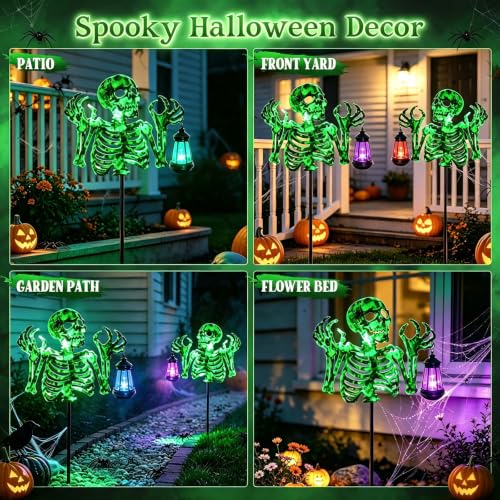 Image of VOOKRY Halloween Skeleton Lantern Decor, Glow in The Dark Iron Skull | With Fluorescent Luminous Body & Mini Hand Lantern, Outdoor Yard Lawn Patio Spooky Decorations, Halloween Party Props Gifts