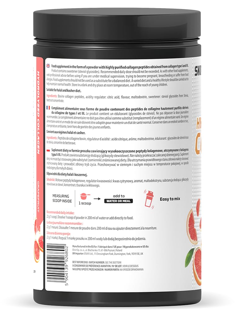 SKILL Nutrition Peptides de Collagène Hydrolysé Type I & III | Saveur Pamplemousse | 18 Acides Aminés : Glycine, Proline | Haute Biodisponibilité | Peau, Cheveux & Articulations | 660g