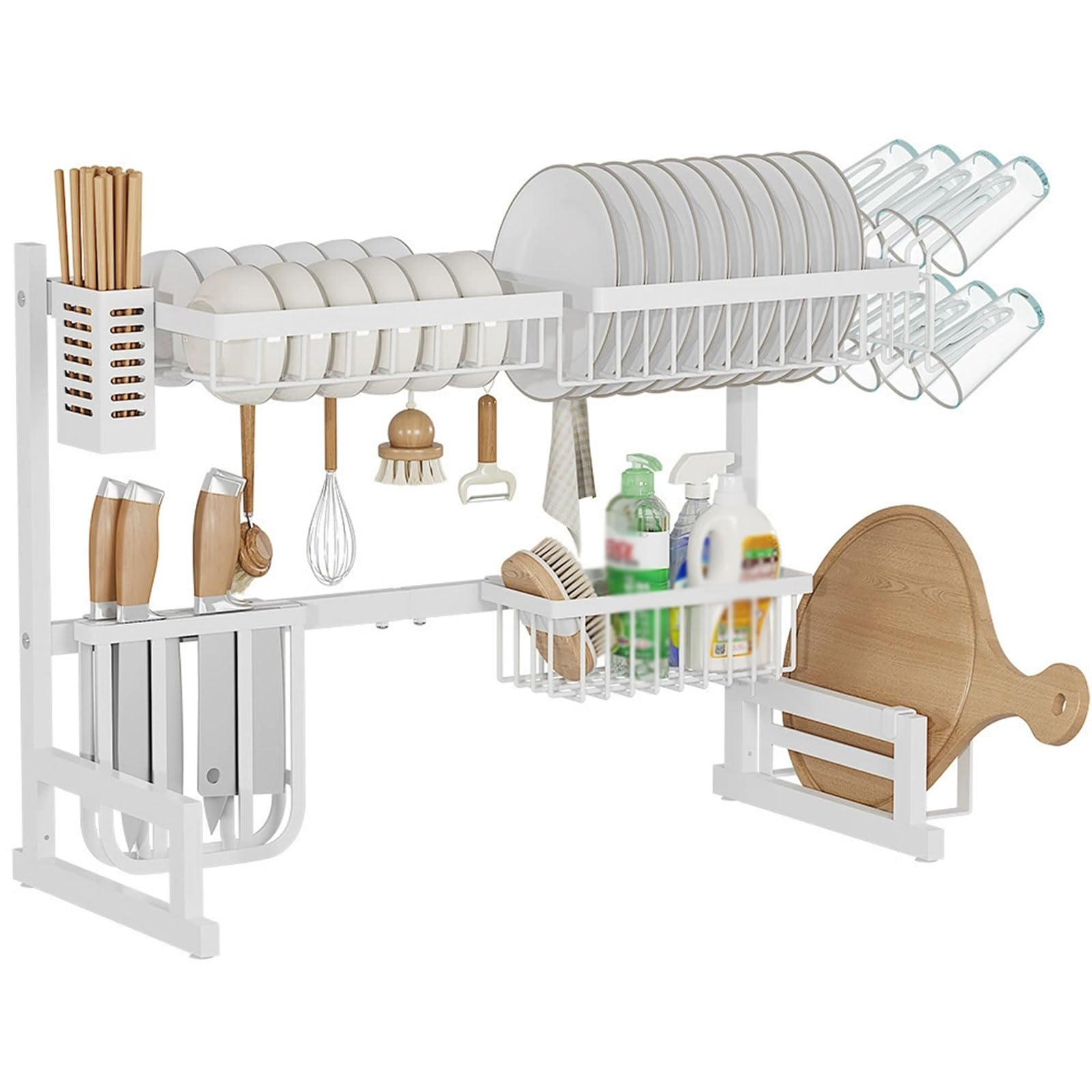 Escurridor Platos sobre Fregadero, Organizador Grande Escurridor Platos 2 Niveles Escurridor Platos Extensible sobre Fregadero con Soporte Cubiertos y Soporte Lavavajillas