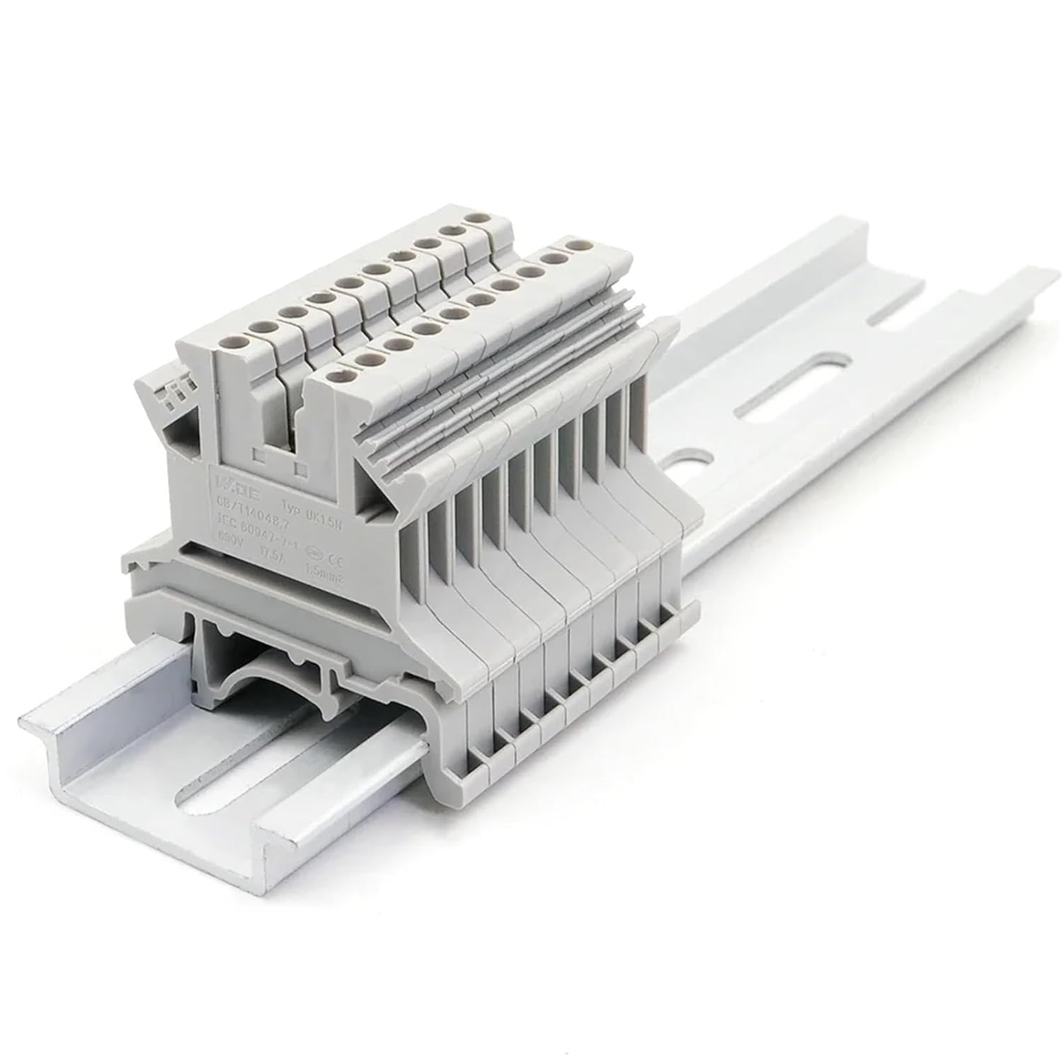 100PCS DIN Rail Terminal Block UK1.5 Single Level, Copper Screw High Current Connector for Industrial Electrical Wiring, PA66 Ma