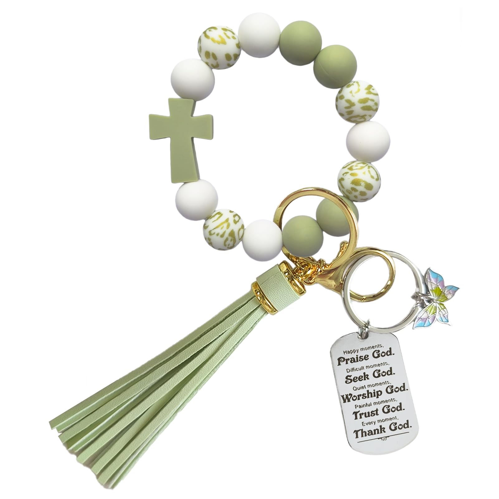 SHINYHARBOR Silicone Keychain Wristlet Bracelet, Cute Cross Key Chain for House Car Keys, Beaded Wrist Key Rings with Leather Tassel, Gifts for Womens Christian,Jasmine green cross