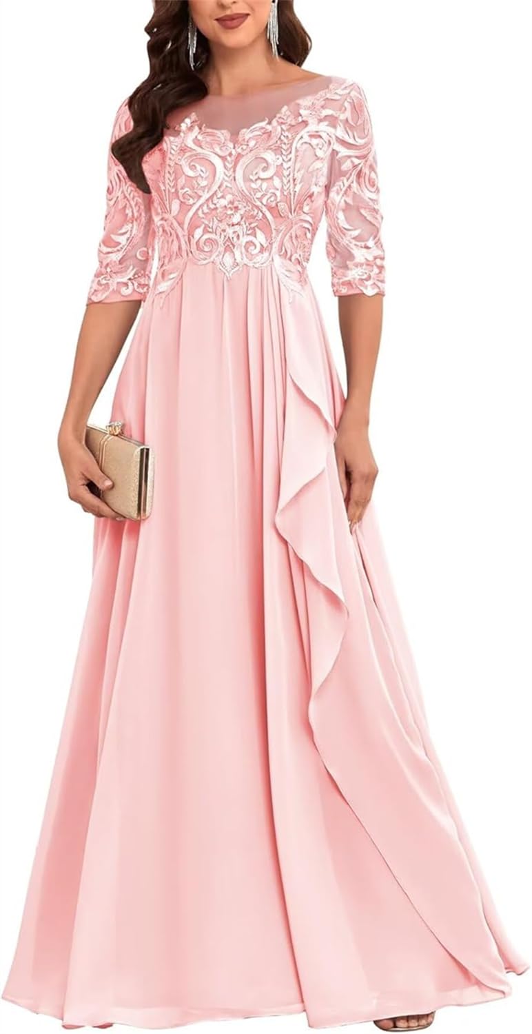 Yiann Women's Blush Pink Lace Mother Of The Bride Dresses For Long Ruffle Chiffon Mother Of The Groom Dresses Uk10