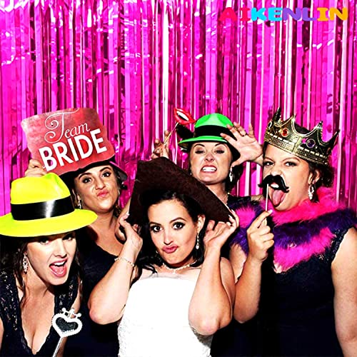 Image of 4 Pack 3.2Ft x 8.2Ft Fuchsia Foil Fringe Curtain Backdrop, Metallic Tinsel Foil Fringe Streamers Curtains Background for Photo Booth, Birthday, Wedding, Halloween, Christmas Party Decoration