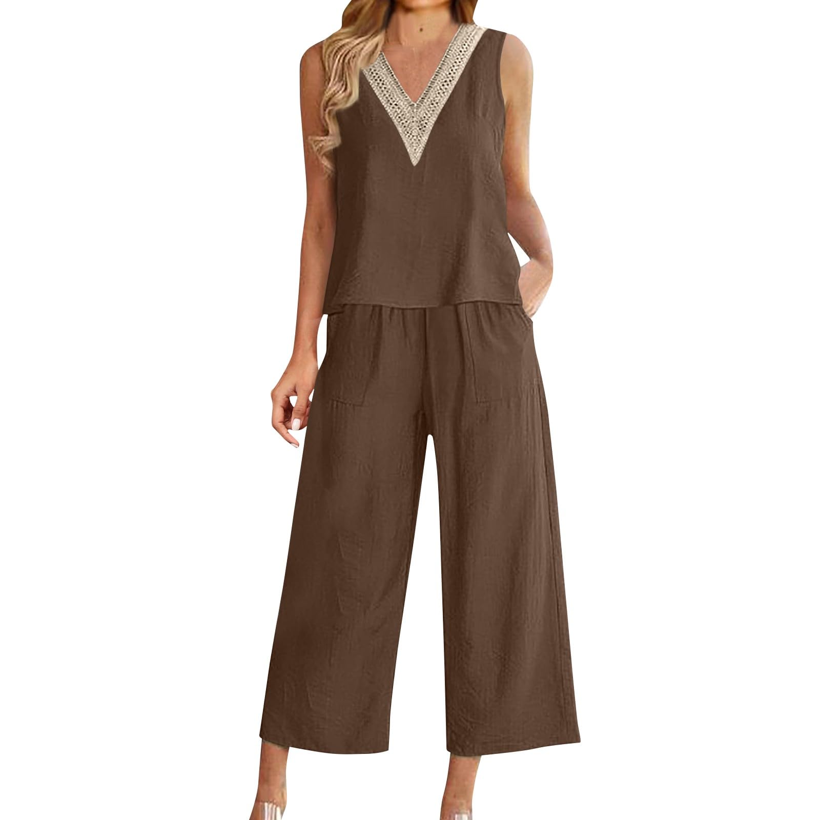 GIANTHONG 2 Piece Sets for Women Summer V Neck Sleeveless Tank Crop Top Wide Leg Pants Work Out Loose Comfy Casual Suits