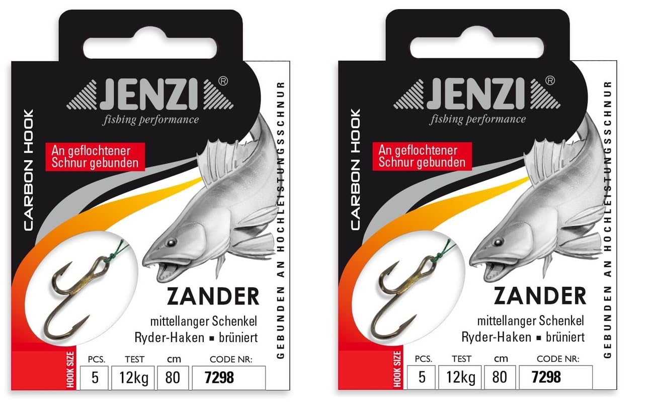 Set of 2 packs of Jenzi tied zander hooks Ryder hooks (10 pieces) on braided cord, 80 cm zander leader mounted hook size, 2