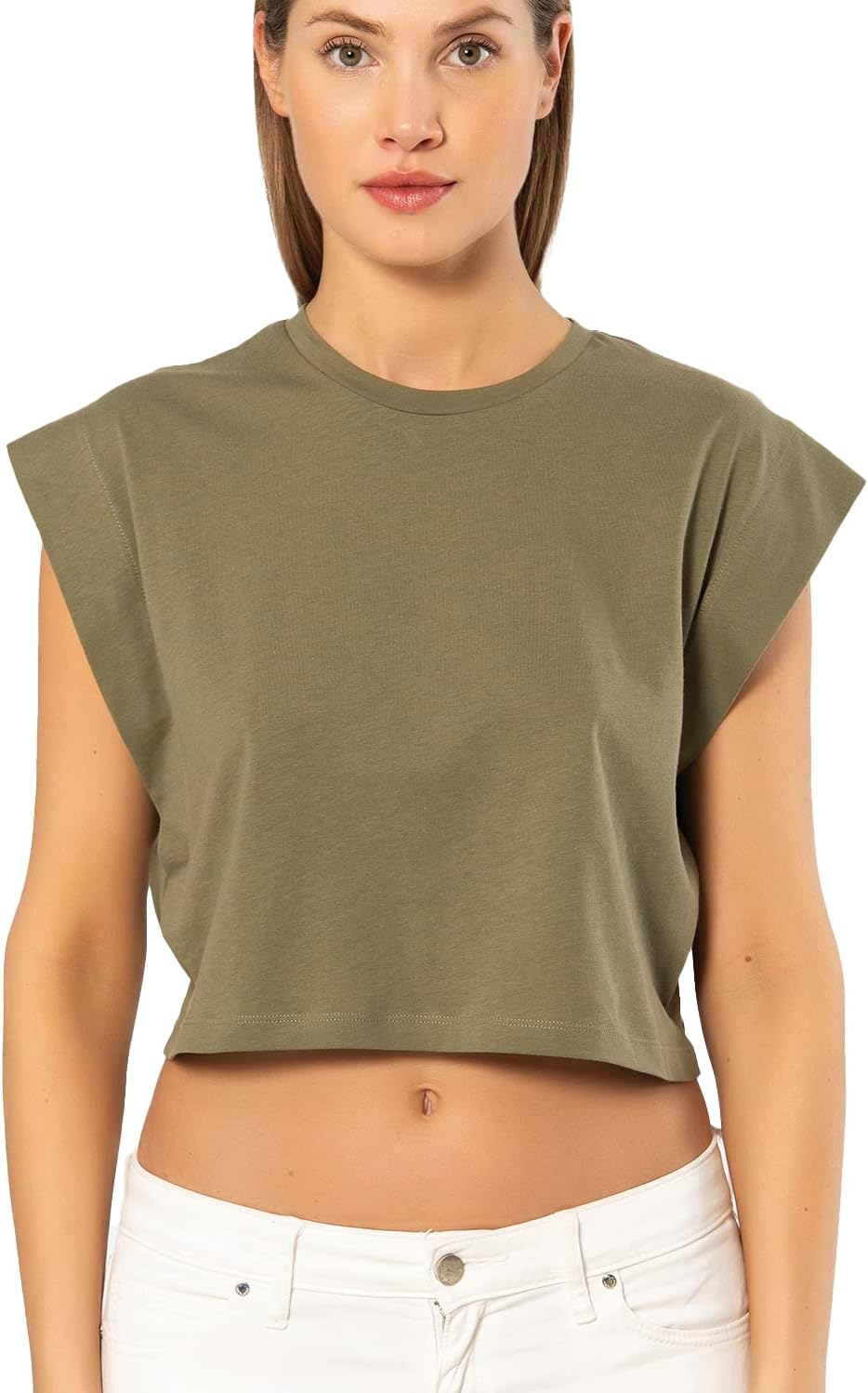 Women's Sleeve Crop Top - 100% Cotton Casual Tee With Padded Shoulder Look - View #3