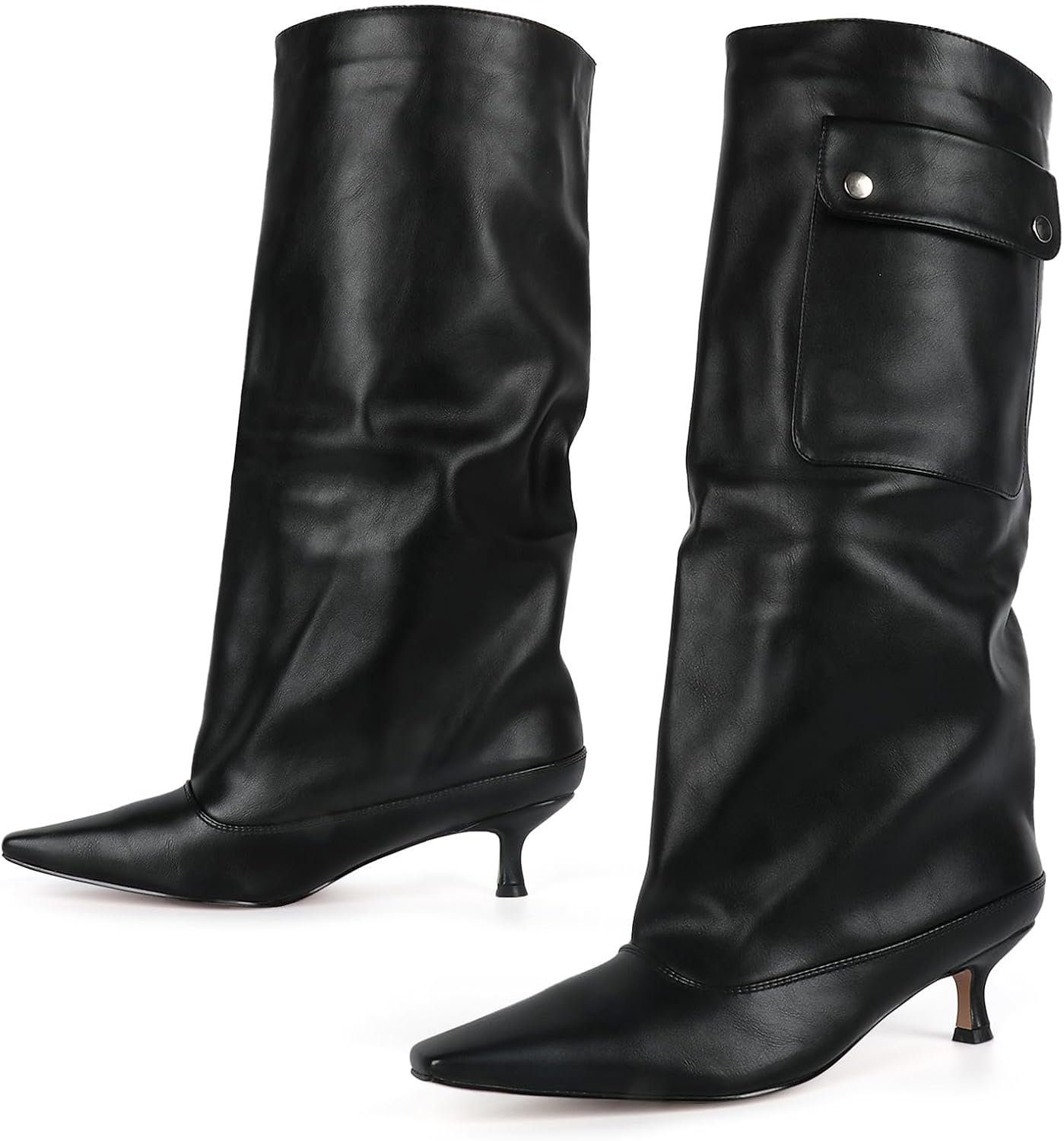 FIFSY Kitten Heel Knee High Boots for Women Pointed Toe Slouchy Boots Fold Over Wide Calf Tall Boots Low Heel Fashion Booties with Pocket