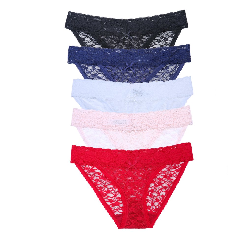 5-Pack Women's Ultrathin Sexy Full Lace Panties with Low-Waistline High Slit Bikinis Thong Underwear (Black and White and Pink and red and Navy Blue, S)