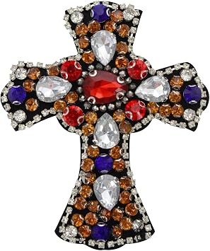 Beaded Applique Rhinestone Cross Patches Handmade Applique Sew on Patches for DIY Applique Clothing Decor 2 Pieces D