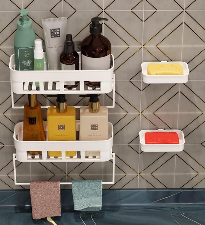 QUEBLISS Self Adhesive Bathroom Shelf/Bathroom Organizer Shelf/Wall Mount Bathroom Accessories(2 Shelf + 2 Dish +2 Hanger) (B0D7MN8L8T) Amazon Price History, Amazon Price Tracker