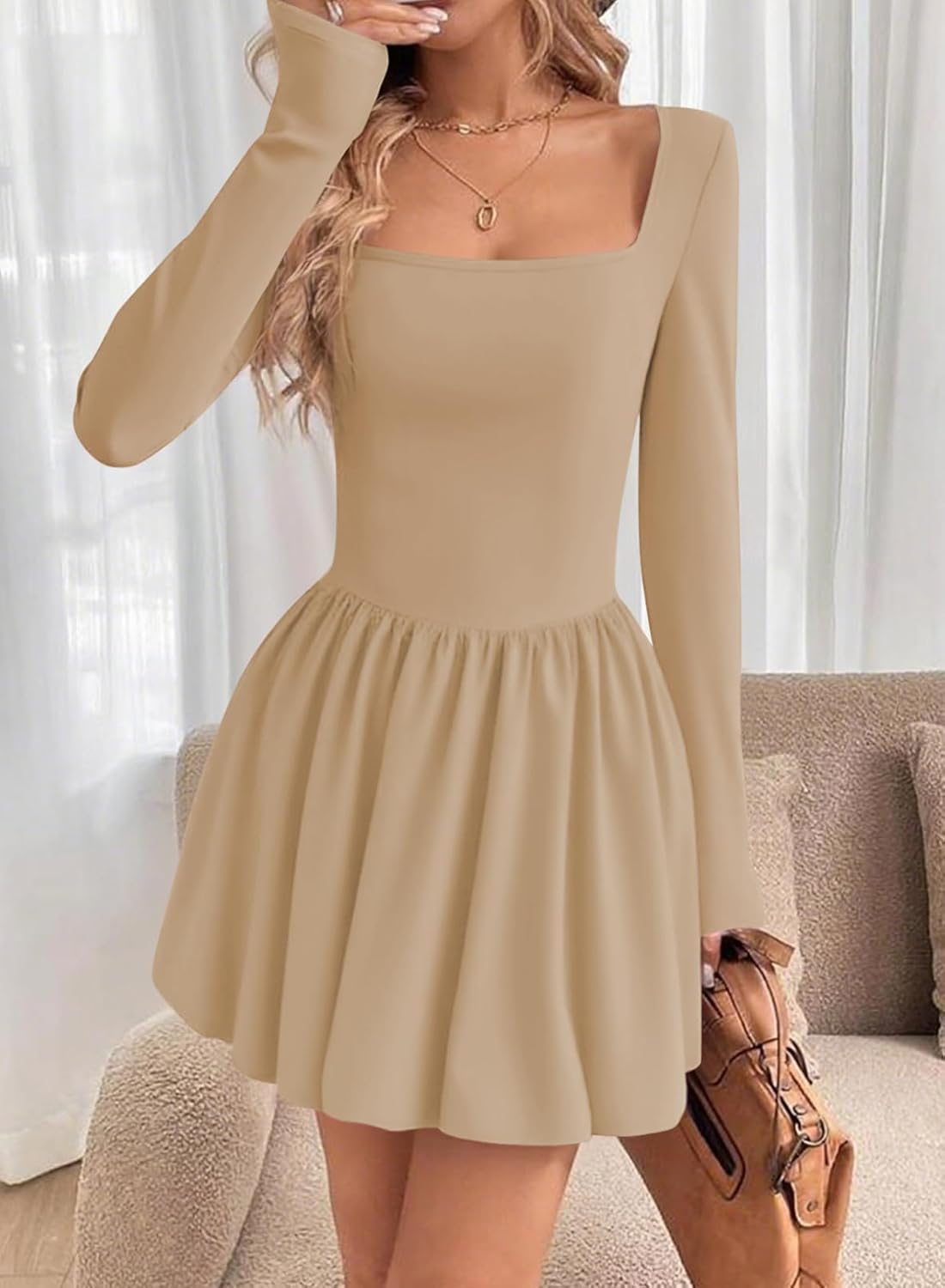 BLENCOT Dresses for Women Fall Long Sleeve Square Neck Bubble Party A Line Mini Dresses - Image 7