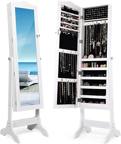 Miniatura 10 de Giantex Armario de joyería de pie con cerradura con 14 LED de encendido automático y espejo de longitud completa 14 LED de gabinete con espejo de