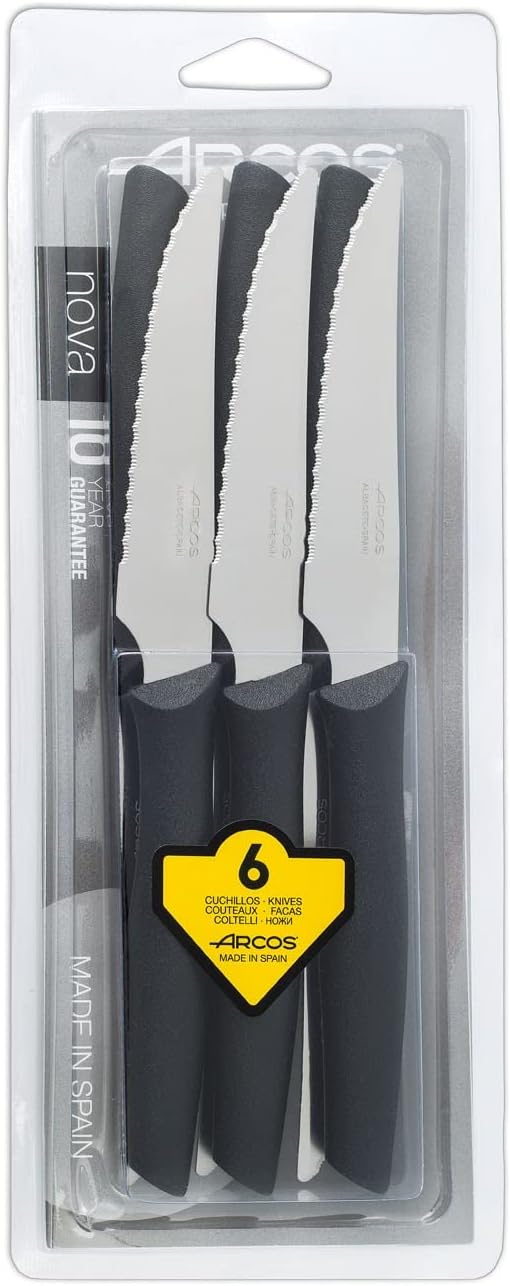 Arcos Steak Set 6 pieces 4 Inch Nitrum Stainless Steel. Ergonomic Polyoxymethylene POM Handle and 110 mm Blade. Pocket Knife Pack with Pearl Edge for Cutting and Fillet Meat. Series Nova. Color Black