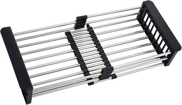 Sink Dish Drying Rack, Stainless Steel Drainer for 12.5"-20.5" Sinks, Kitchen Countertop Organizer for Dishes, Vegetables, and Fruits Black & Large Size