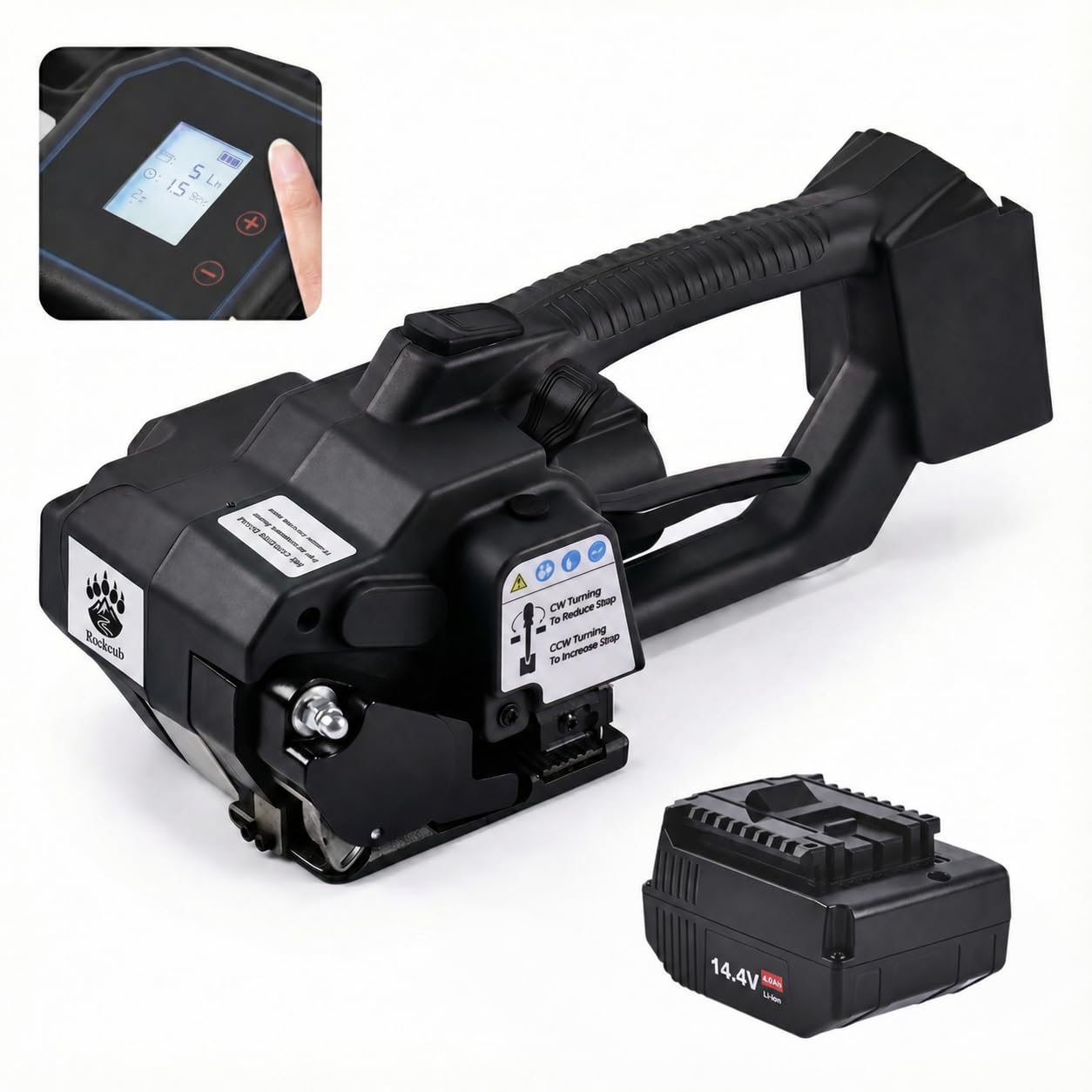 Reggiatrice elettrica, tenditore 4.500N, display LCD, batteria da 4.000 mAh, kit automatico portatile per cinghie in PET/PP da 0,5-0,6 pollici, imballaggio di pallet e scatole (nero, 1 batteria da
