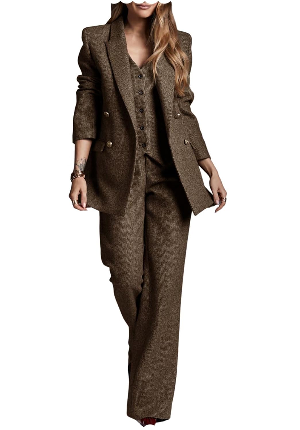 Womens Herringbone Tweed 3 Piece Suit Business Casual Office Work Outfits