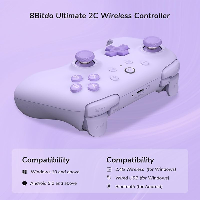 8bitdo Ultimate 2C Vezeték Nélküli Kontroller Windows PC és Android Eszközökhöz - 1000 Hz, Hall-Effekt Joystick, Programozható Gombok, Turbó
