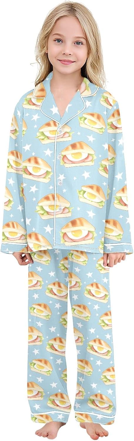 Kids Casual Satin Wear Set Delicious Sandwich Star Pattern Unisex Relaxed Fit Clothing