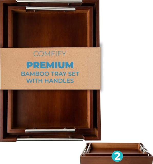 Comfify Modern Bamboo Serving Trays with Handle  Set of 2 Wooden Trays That Nest  Large, and Small Tray Set for Food, Ottoman Décor & More  100% Eco-Friendly Bamboo Trays for Breakfast - Brown
