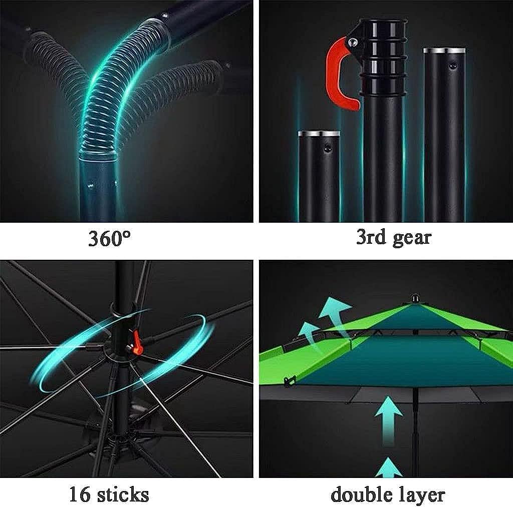 Double-Layer Patio Umbrella, Waterproof Parasol with 16-Rib, 360° Rotating Three-Speed Adjustable Fishing Umbrella