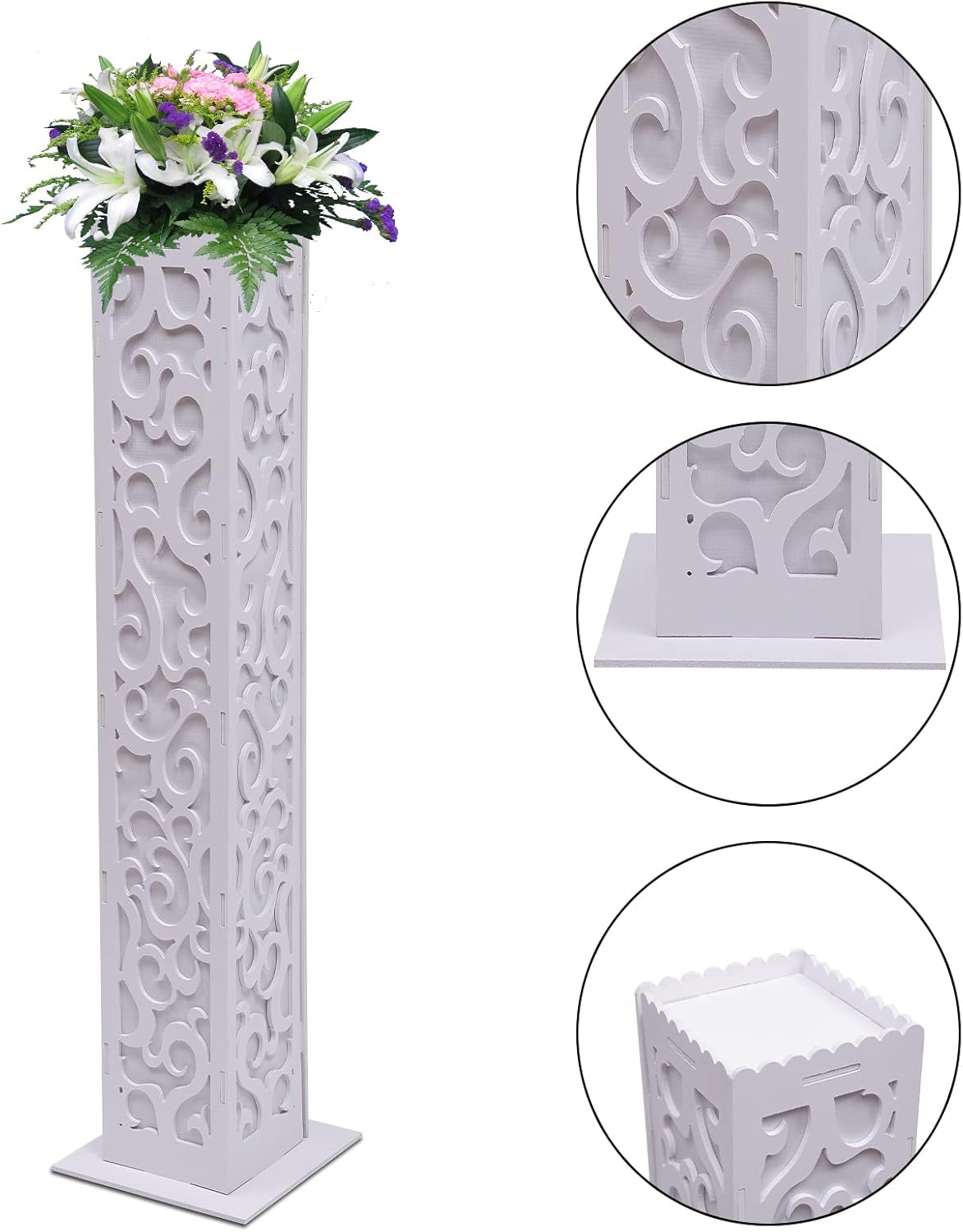 8PCS Wedding Flower Column with LED Lights, White Carved PVC Pillars, Roman Style Decorative Column Set with Auspicious Cloud Pattern, Party Pillar Decor for Wedding, Birthday, Christmas Decorations