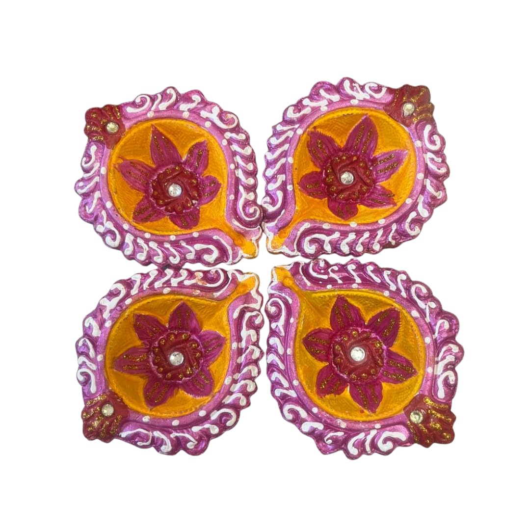 4 X Decorative Clay Diya with Traditional Floral Design and Sparkling Stone Work for Karwa Chauth, Pooja Ceremonies, Rangoli Decoration, Festival Oil Lamp, Home Lighting, Religious Functions & Gifting