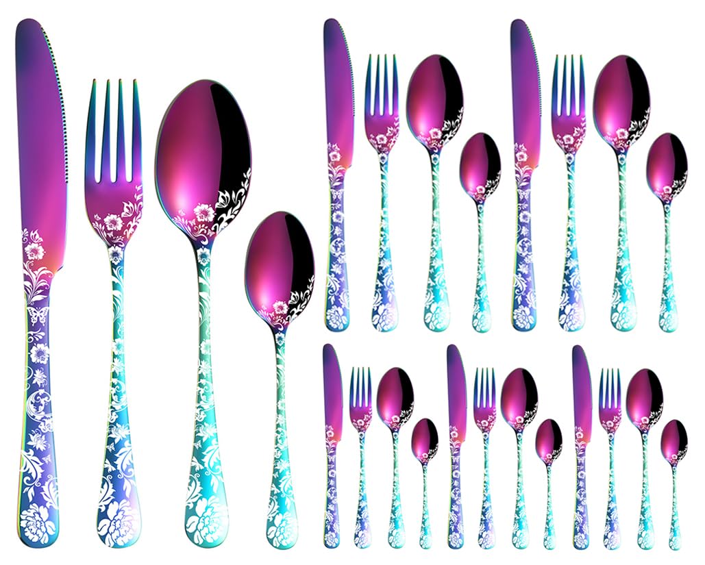 XIAOYU Ensemble d'argenterie 24 pièces, service de couverts en acier inoxydable pour 6 personnes, motif de fleur de pivoine, ustensiles comprenant couteaux/fourchettes/cuillères, Le Rainbow