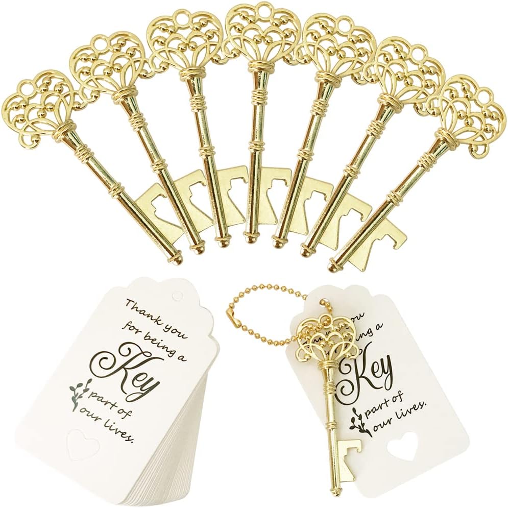60 PCS Key Bottle Openers,Vintage Skeleton Key Bottle Opener with Escort Card Tag and Key Chains,Wedding Party Favor Souvenir Gift(Red Copper)