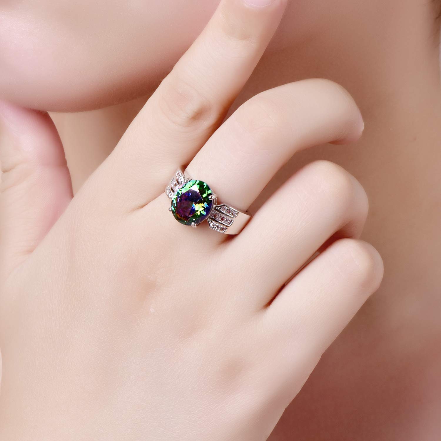 Emsione 925 Sterling Silver Plated Created Pink Topaz Marquise Cut CZ Multi Row Wedding Engagement Eternity Ring for Women Men