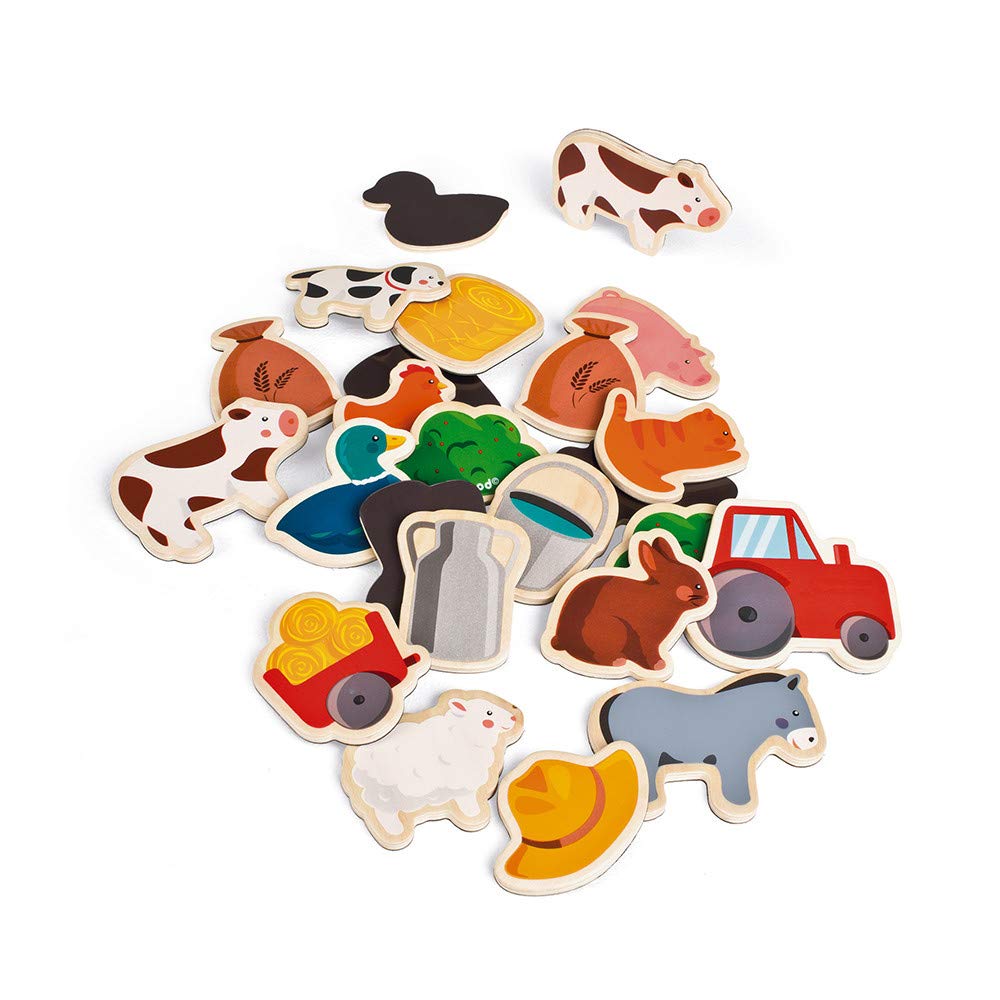 Janod - 24 Farm Magnets - Farm Animals - Wooden Toy - Magnetic Educational Game, to Handle, Experience and Have Fun - From 2 Years Old, J08157