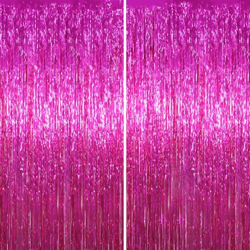 Image of Voircoloria 2 Pack Pink Foil Fringe Backdrop Curtains, Tinsel Streamers Birthday Party Decorations, Fringe Backdrop for Graduation, Baby Shower, Gender Reveal, Disco Party