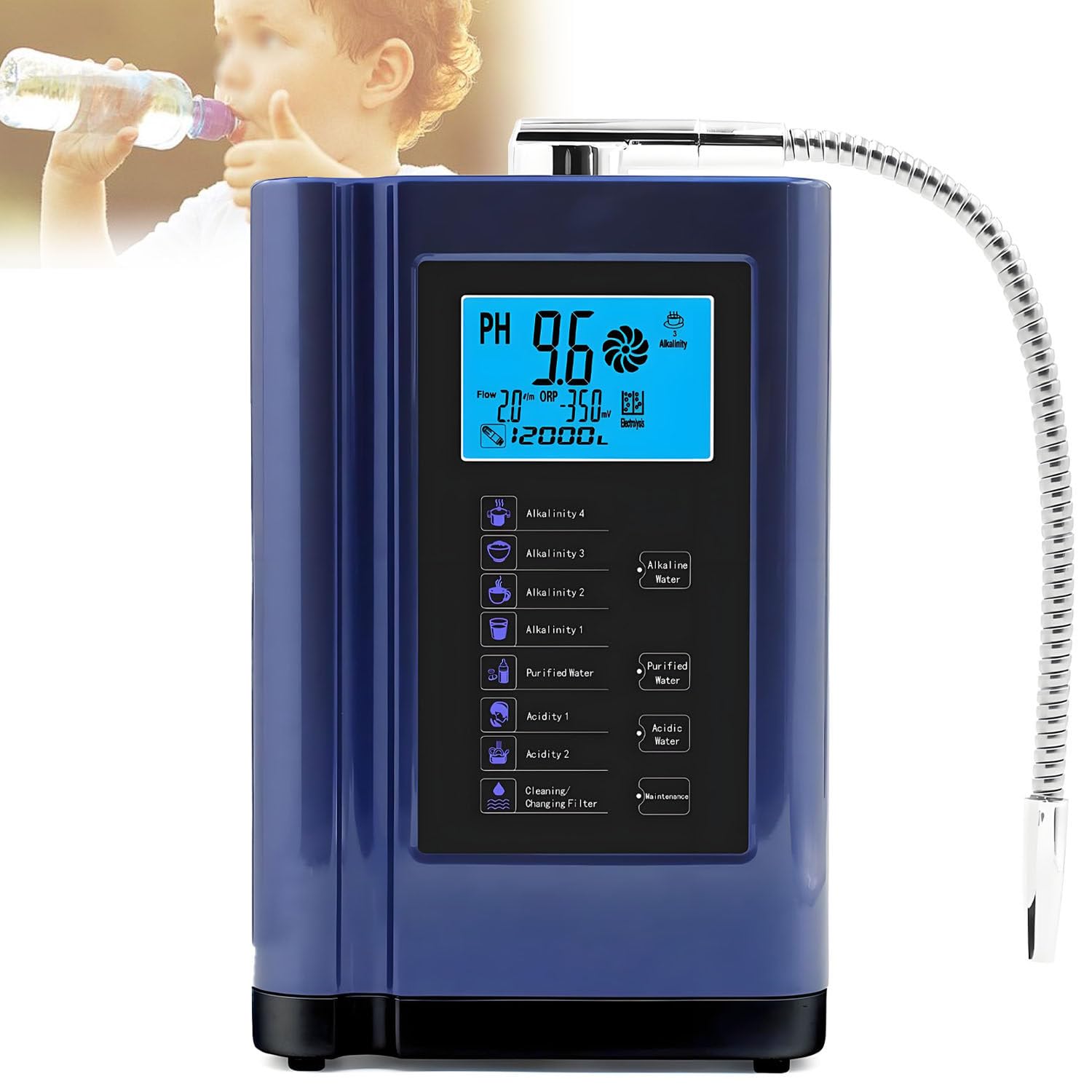 Filtro de Agua alcalina para el hogar, hasta -500 mV ORP, ionizador de Agua alcalina, pH 3,5-10,5, con 7 ajustes de Agua, 8000 litros por Filtro, autolimpieza, Voz Inteligente. Blue