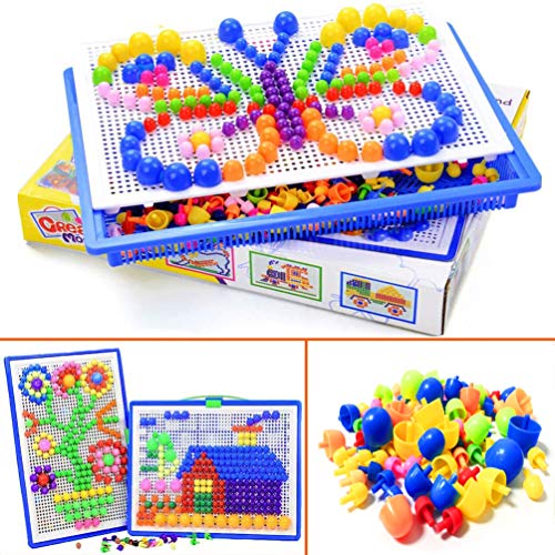 296 PCS Mushroom Nails Pegboard Mosaic Toys, Educational Colourful Creative DIY Jigsaw Puzzle for Kids & Toddlers, Perfect Birthday & Christmas Gift for Girls Boys Age 3-8 years?Blue Purple Basket)