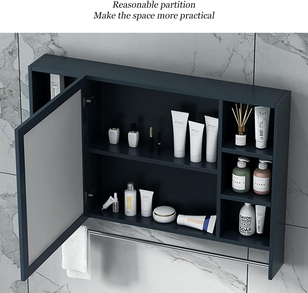 Space Aluminum Mirror Cabinet Wall-Mounted Storage Cabinet Separate Bathroom Mirror Cabinet Bathroom Mirror Box, 60*11*65cm, Black