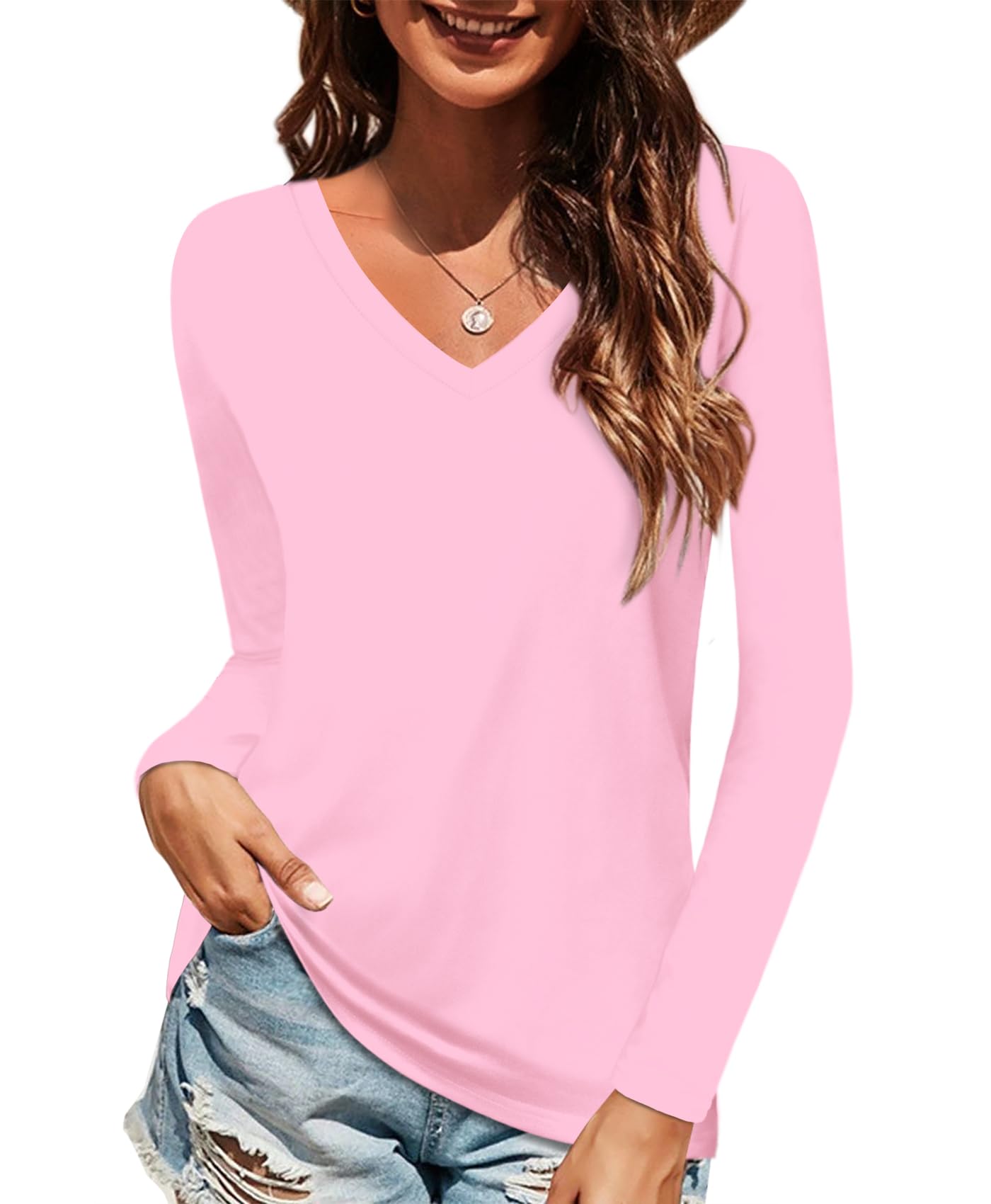Elesomo Long Sleeve Shirts for Women Cotton Tshirts V Neck Spring Tops Basic Tee