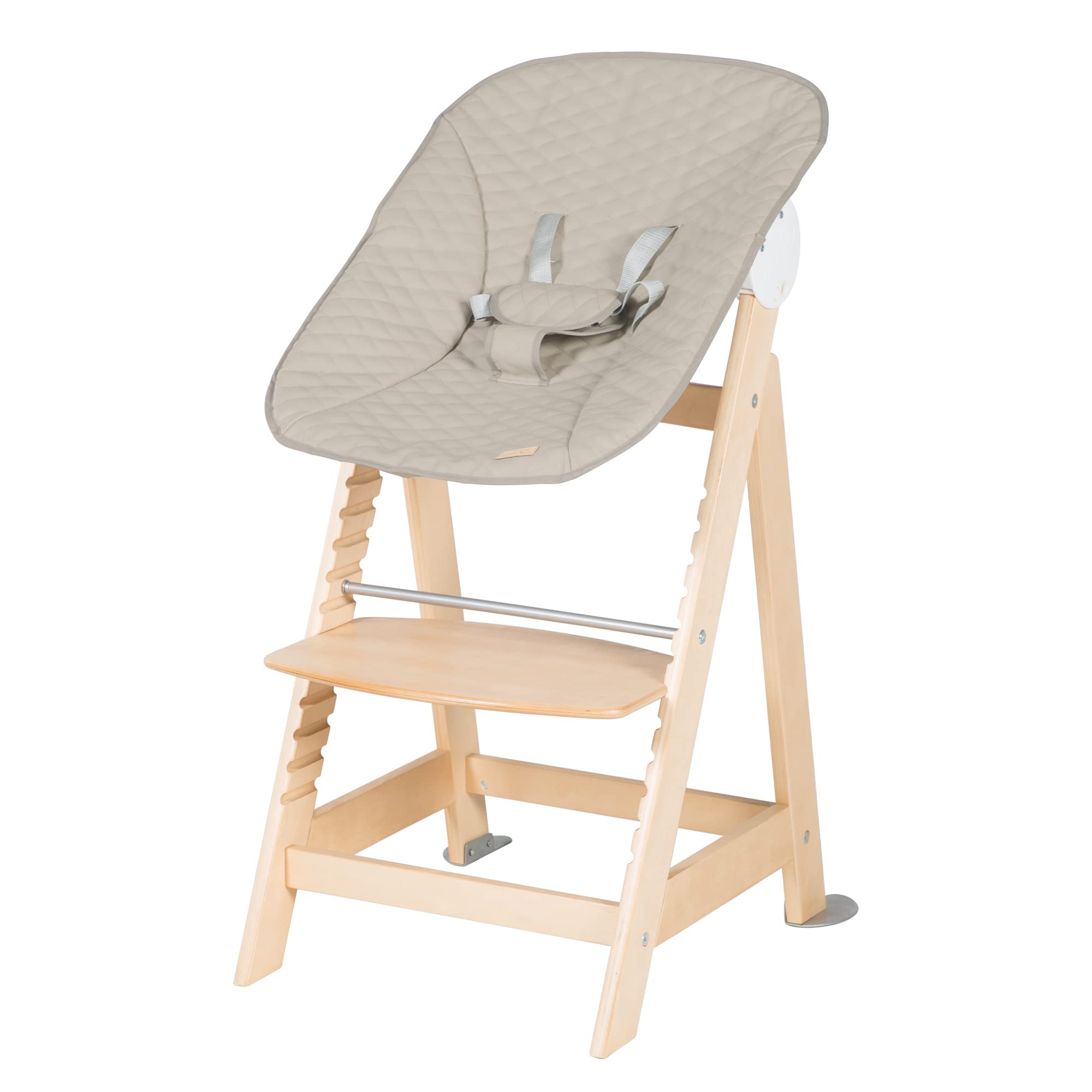 roba Chaise Haute Évolutive en Bois Naturel Born Up 2 en 1 + Transat Inclinable Greyish Matelassé - Cuir Imperméable - Hauteur Réglable - dès Naissance jusqu'à 70 kg