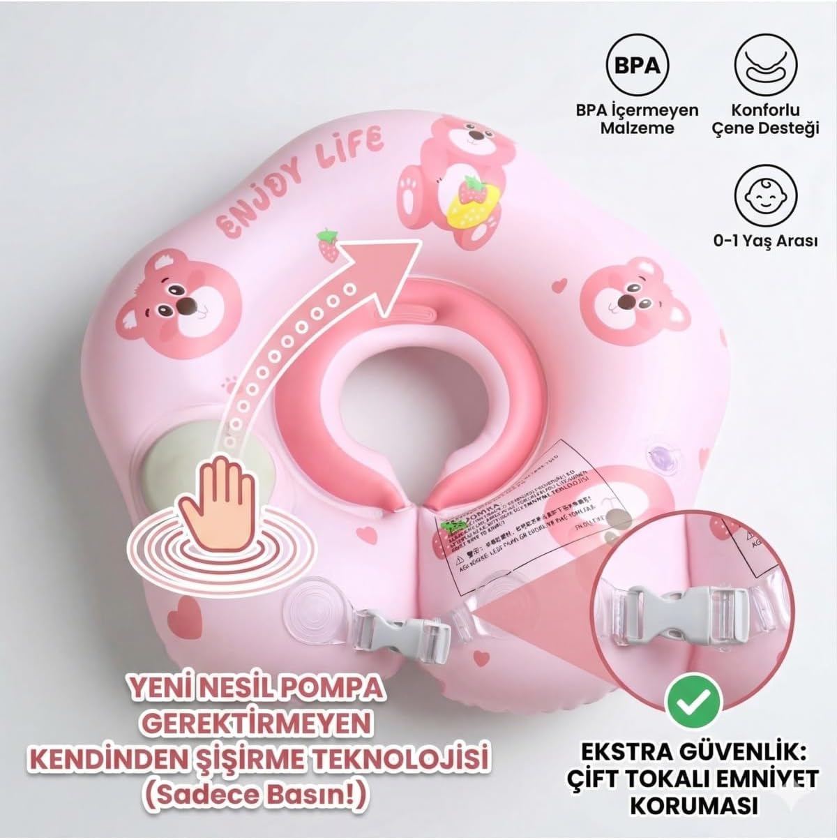 MayToys Bebek Boyun Simidi Kendinden Şişen 0-12 Ay Yüzme Simidi, Çift Tokalı Emniyet Kilitli